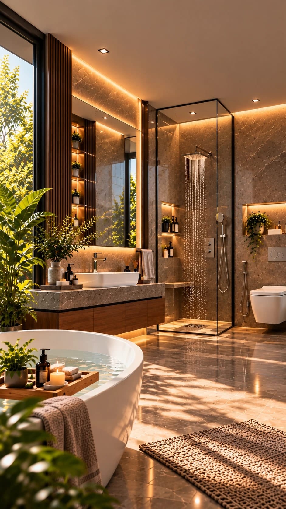 Sunlit contemporary bathroom with a stone vanity, countertop wash basin, glass rain shower, wall-hung toilet and freestanding bathtub