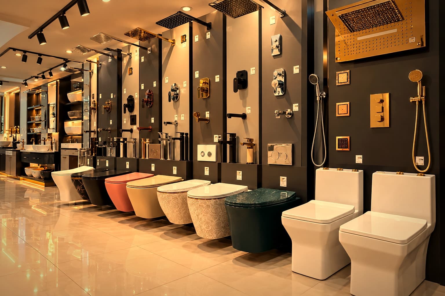 Sanitaryware showroom display of wall-hung toilets, faucets and showers at Punjab Sanitary Store in Dhakoli, Zirakpur